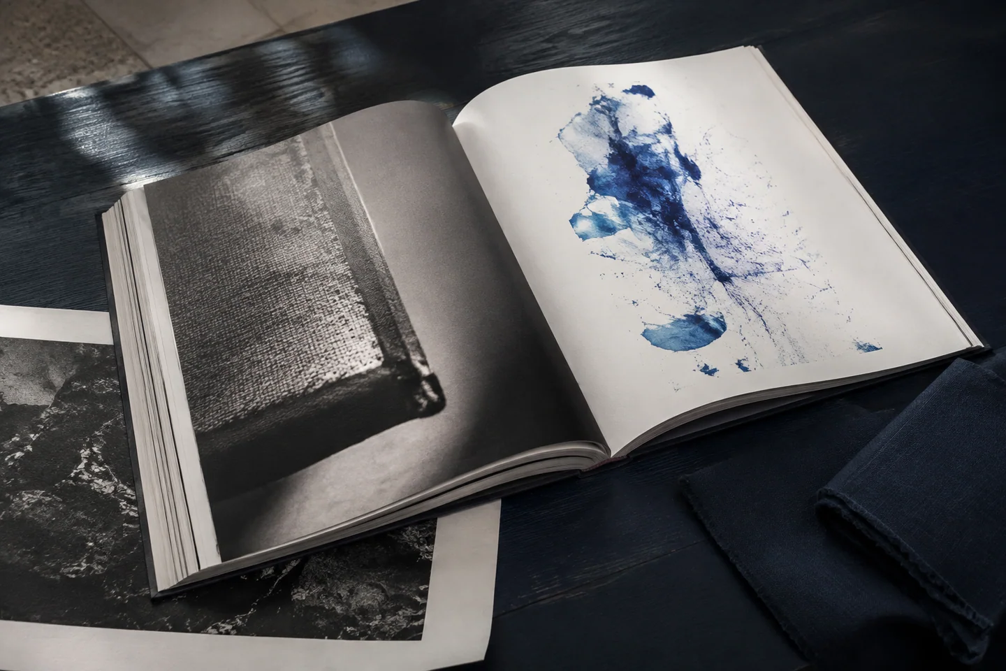 Composition d’intention : un livre d’art imaginaire ouvert sur des matières et des pigments bleus, sur une table sombre.